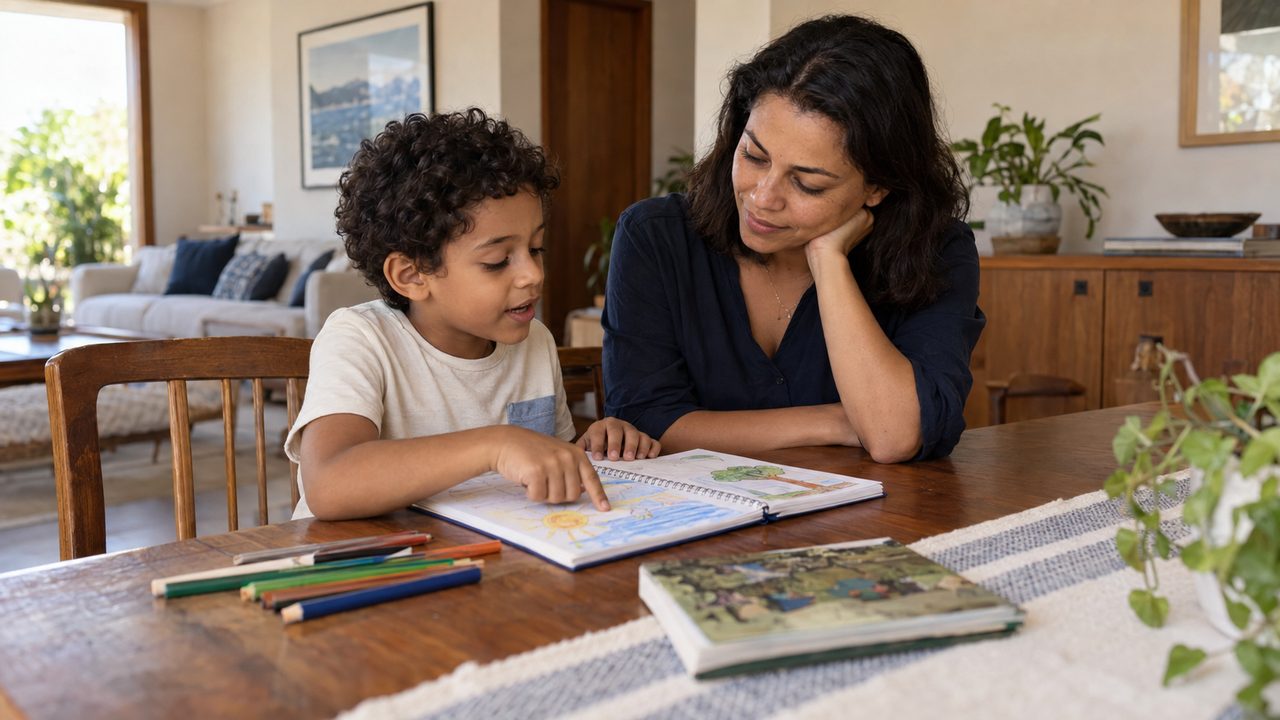 Imagem ilustrativa: mãe escuta o filho enquanto ele mostra um desenho à mesa de casa.